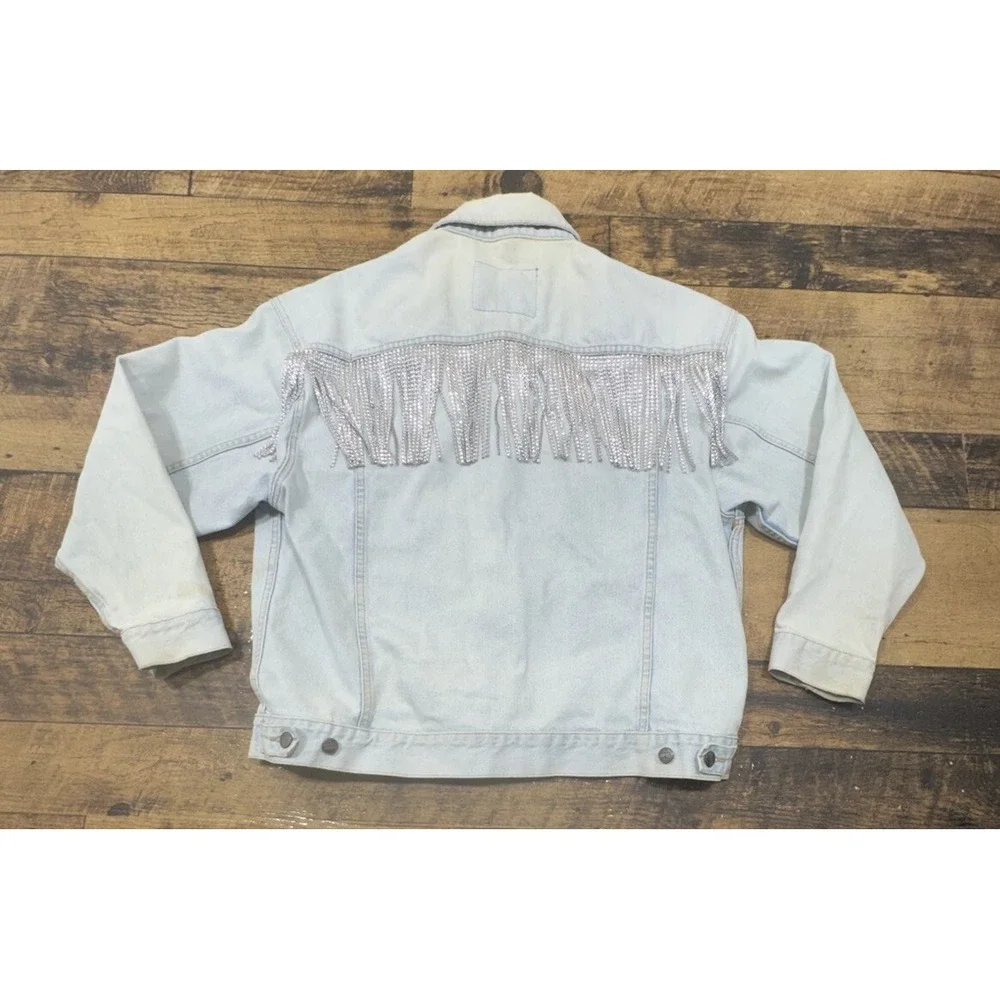 Vintage Men's Women's Structure Acid Wash Denim Jacket Size L 100% Cotton Tassel